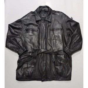 Vtg 80s Tannery West Black Soft Leather Removable Liner Belted Jacket Mens 2XL
